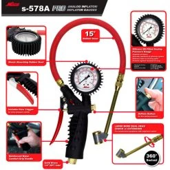 Milton® Pro Analog Pistol Grip Inflator Gauge W/ Large Bore Dual Chuck, 230 PSI, 15" Hose -Globalindustrial Car Shop s 578A prdctwalkaround